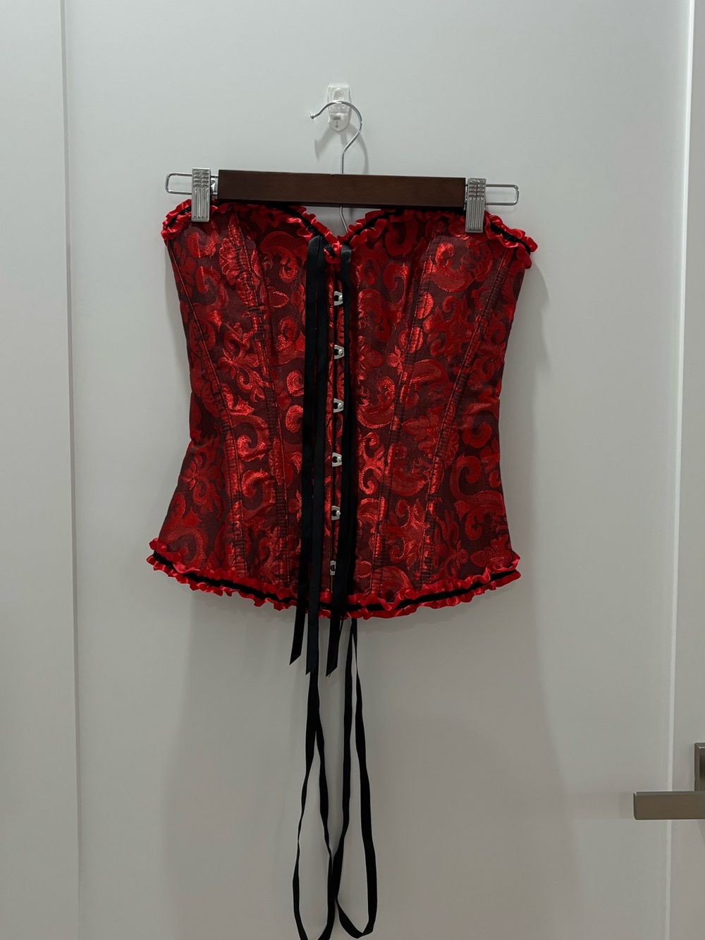 Amazon Red Brocade Lace-Up Corset Top with Black Ribbon Trim